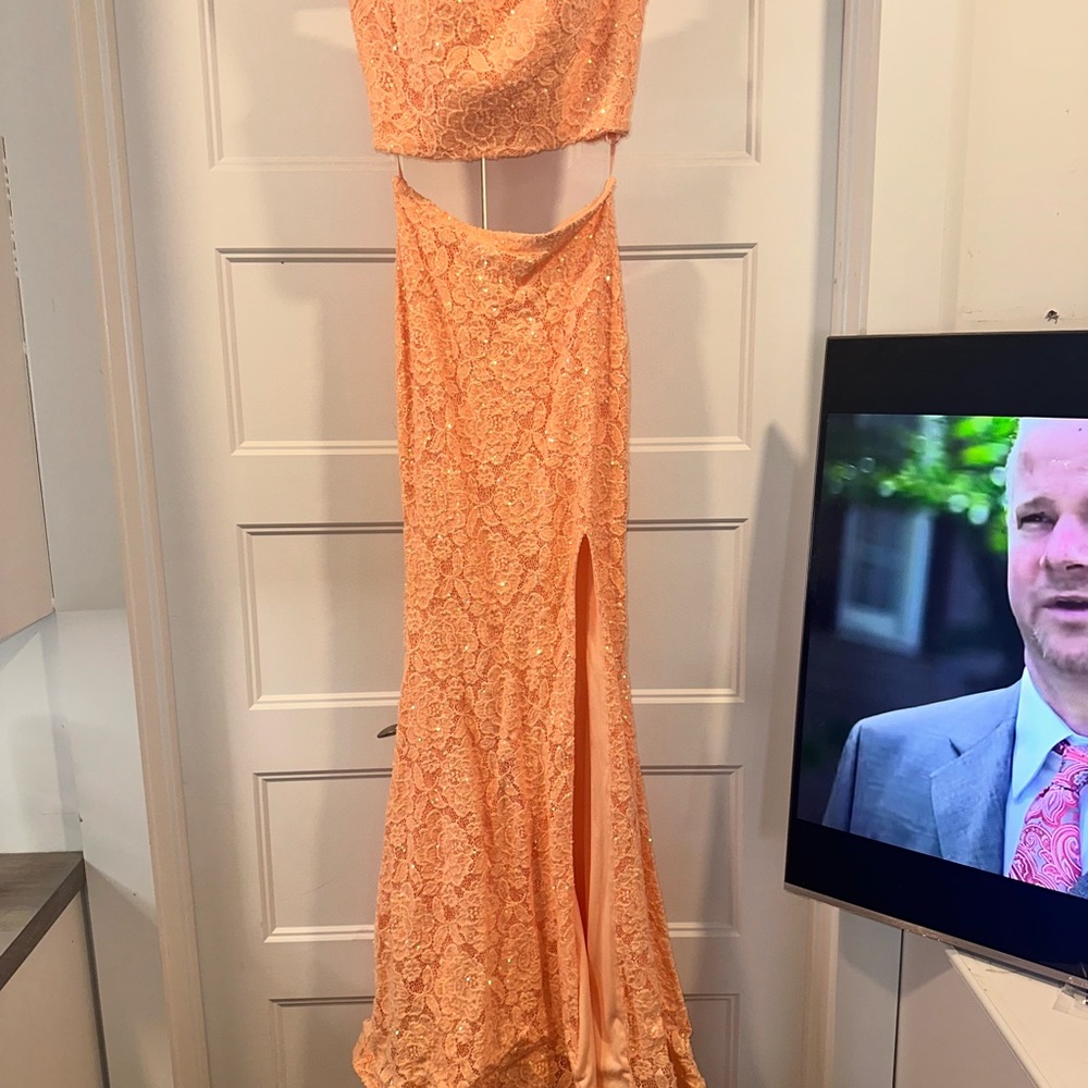 La Femme 2 Piece Peach Lace Prom Dress